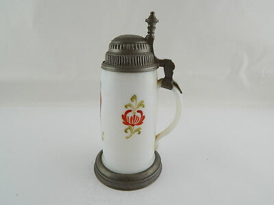 ANTICO PREZIOSO BIEDERMEIER XIX SECOLO BOCCALE BIRRA VETRO OPALINO DIPINTO MANO#