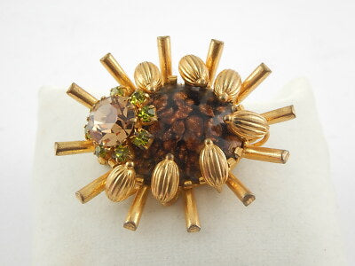 ANTICA SPILLA GIOIELLO INSETTO VITTORIANA INGLESE DORATA CON CRISTALLI CITRINI