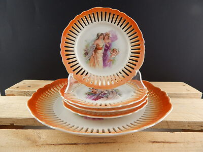 ANTICO LIBERTY 1920 SERVIZIO DESSERT 5 PIATTI TRAFORATI PORCELLANA BOEMIA UNION