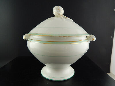 ANTICA RARA ZUPPIERA PORCELLANA VIEUX PARIGI BIANCA PROFILI VERDI E ORO FINE 800