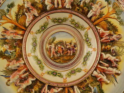 VINTAGE ELEGANTE PIATTO PARATA CENTROTAVOLA CERAMICA CAPODIMONTE PUTTI A SBALZO