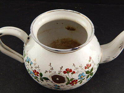 ANTICA RARA TEIERA LATTA SMALTATA ANNI 20 DECORO FLOREALE DIPINTO MANO FRANCESE