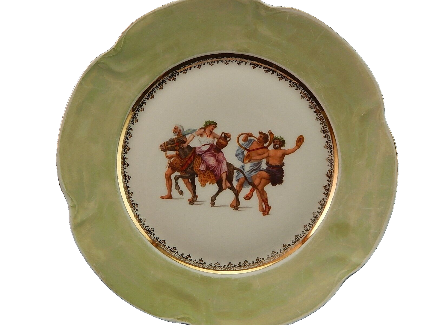 ANTICO PIATTO TORTA PORCELLANA TIELSCH ALTWASSER SCENE MITOLOGICHE FAUNI