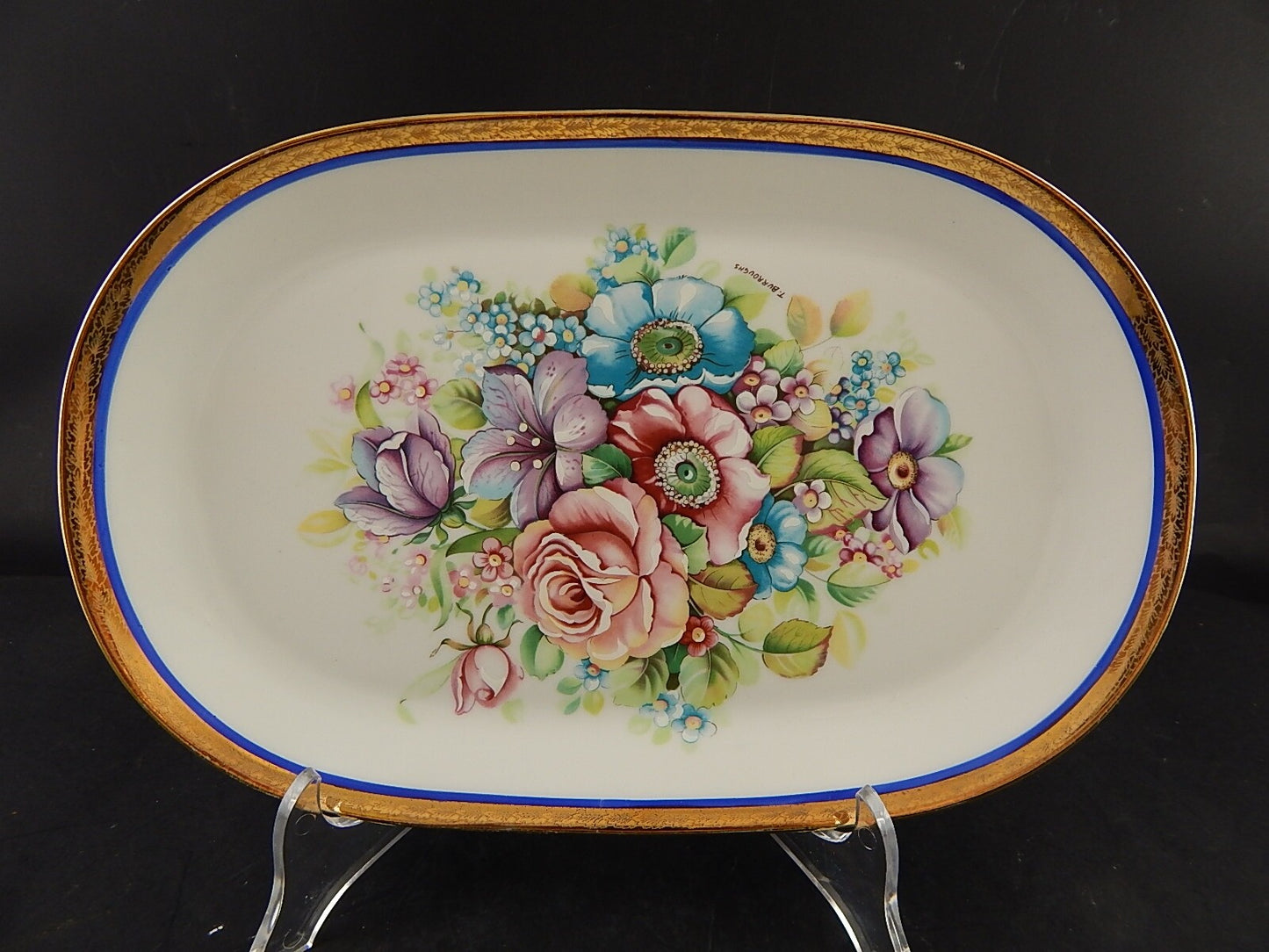 ANTICO VASSOIO PIATTO OVALE PORCELLANA HUTSCHENREUTHER BAVARIA DECORO LIMOGES