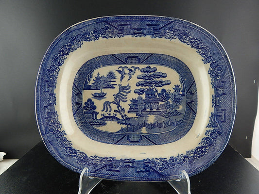 ANTICO RARO VASSOIO CERAMICA TRANSFERWARE WILLOW BIANCO BLU ENGLAND 1900