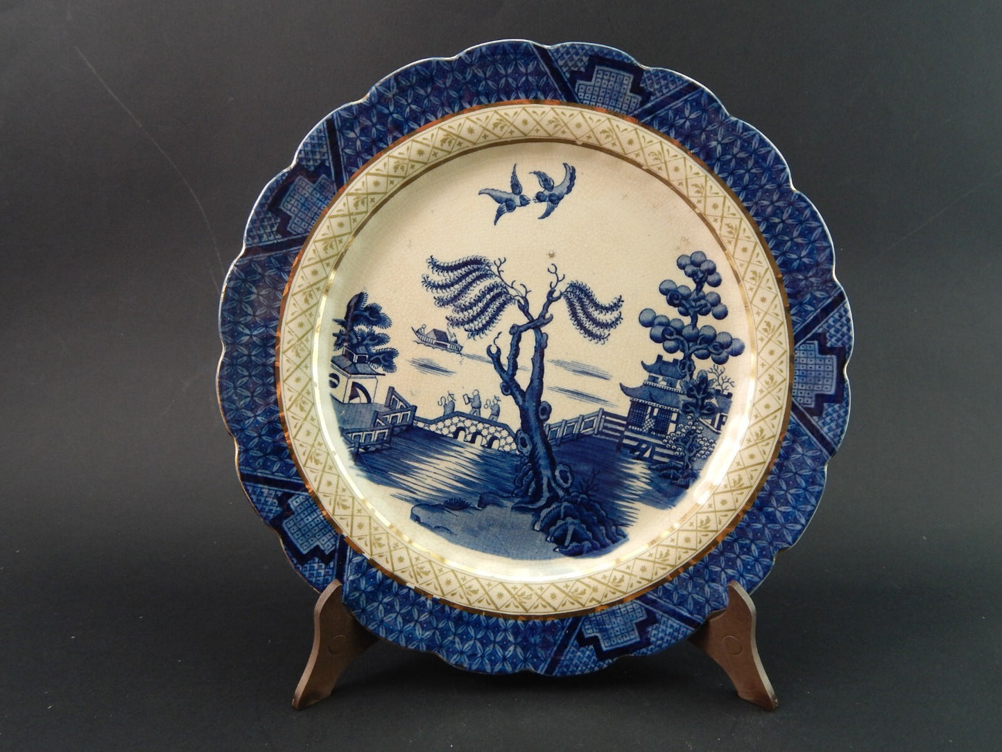 ANTICO REAL OLD WILLOW BOOTHS PIATTO PORCELLANA INGLESE BIANCO BLU E ORO #1801