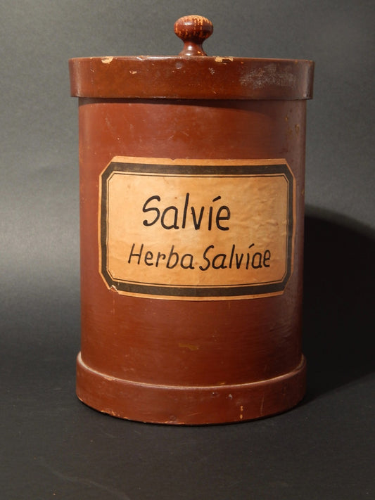 ANTICA SCATOLA CILINDRICA CARTONATA E LEGNO FARMACIA SPEZIALE ETICHETTA SALVIE