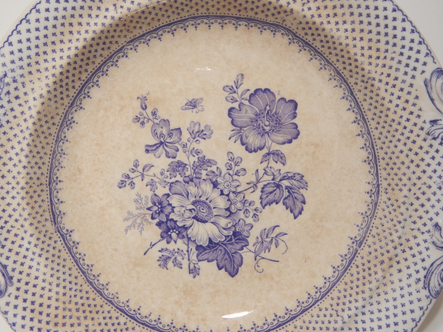 ANTICA LEGUMIERA CENTROTAVOLA CERAMICA INGLESE PRIMAVESI ERMINE BORDER VIOLA #