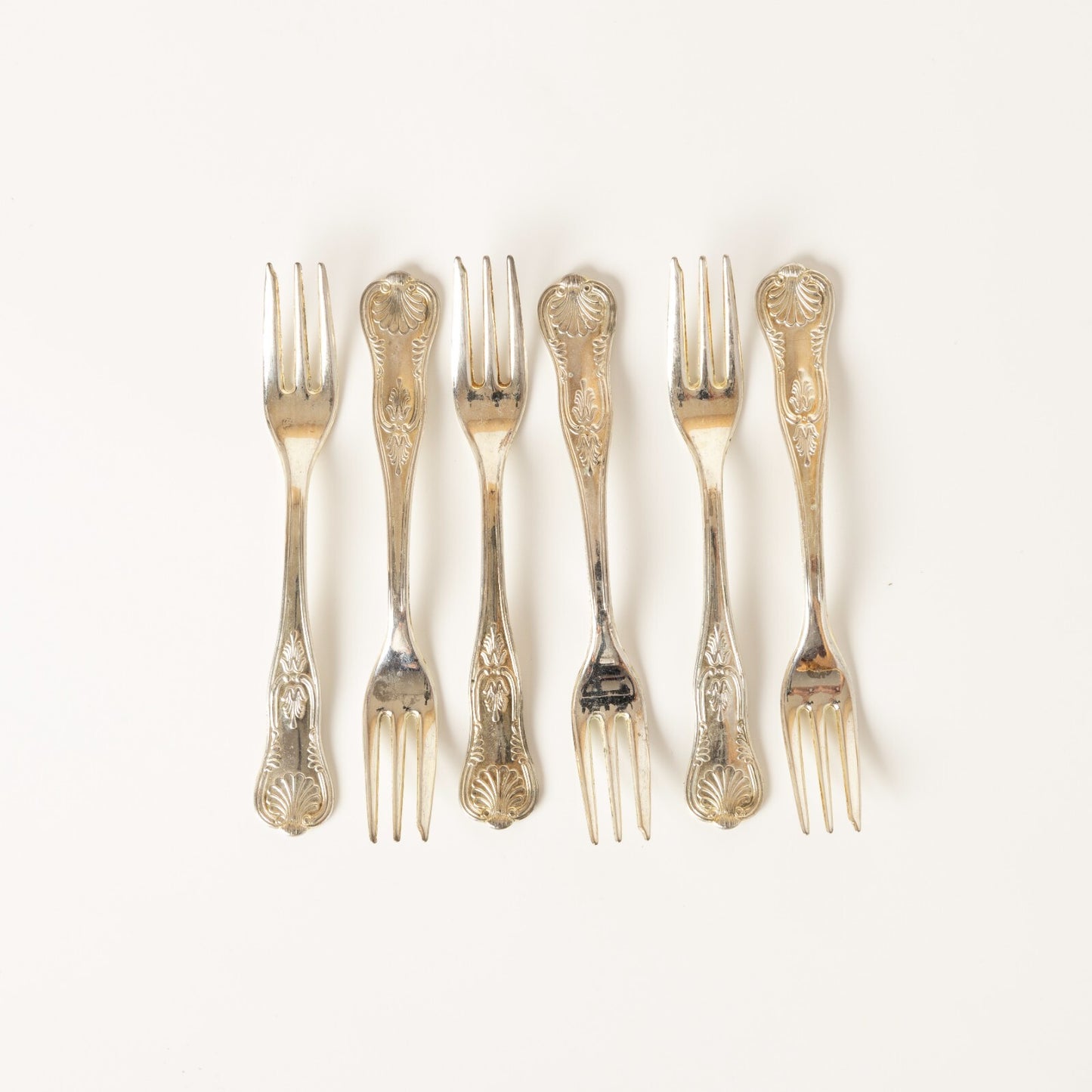 VINTAGE SET 6 FORCHETTE TORTA ARGENTATE ARG. 800 STILE ROCAILLE CONCHIGLIA