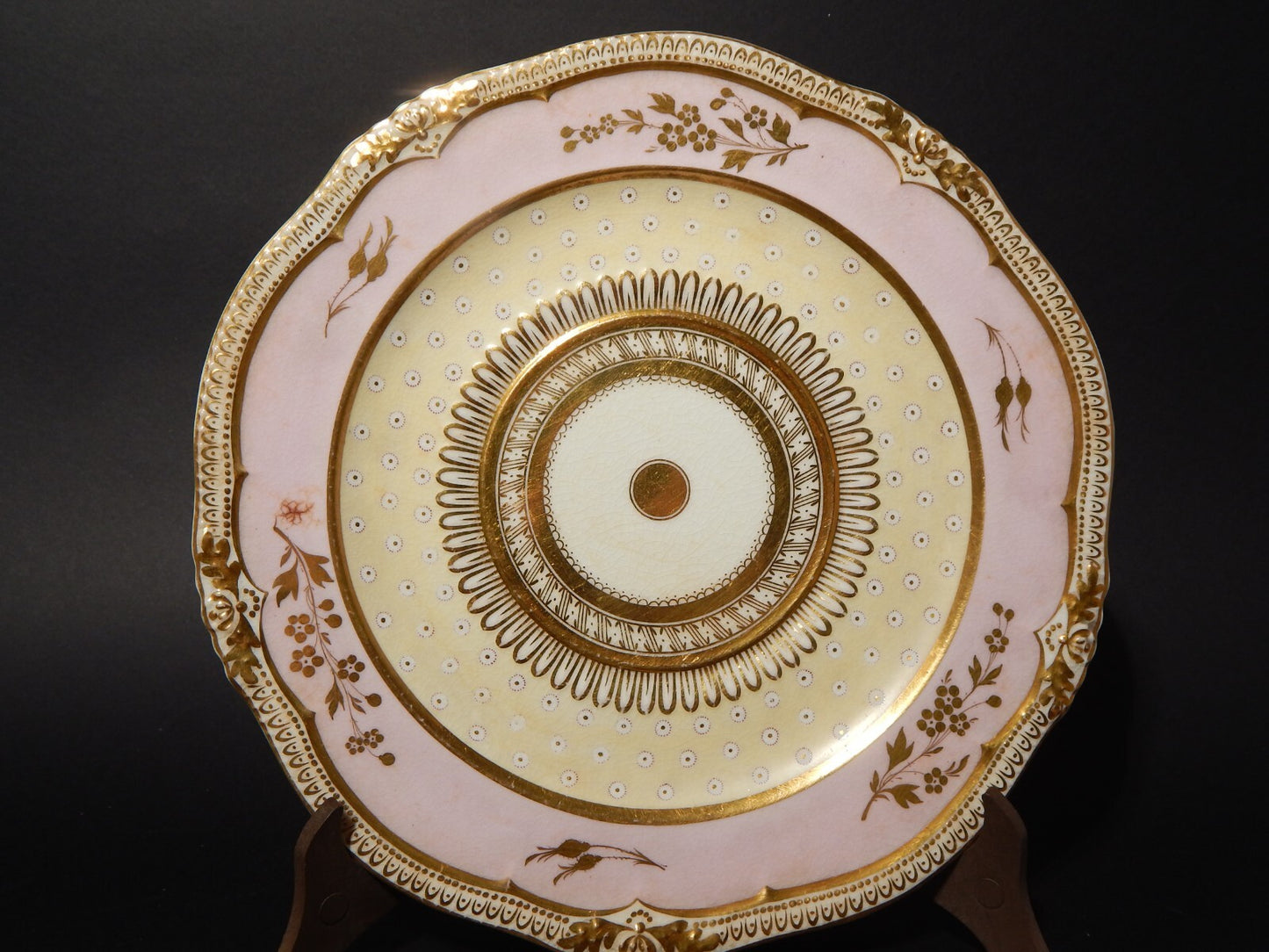 ANTICO REGENCY RARO PREZIOSO PIATTO PORCELLANA INGLESE DECORO ROSA E ORO #