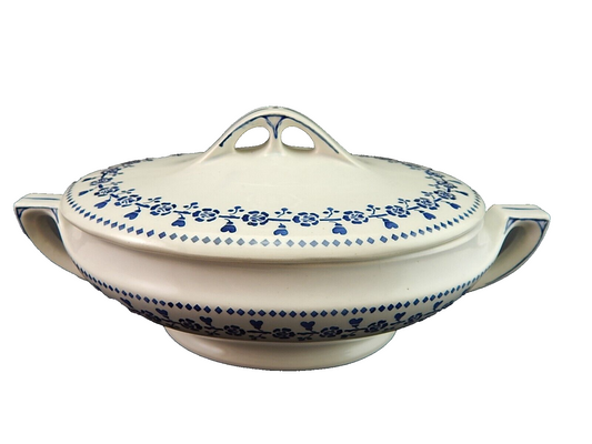 ANTICA ART DECO ZUPPIERA LEGUMIERA SEMI PORCELLANA CECILIE BIANCA E BLU