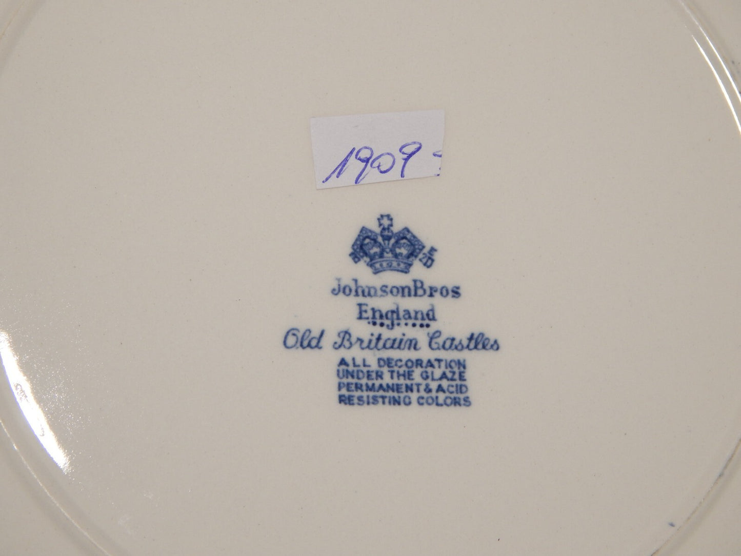 VINTAGE JOHNSON BROS OLD BRITAIN CASTLE BLU PIATTO PIANO PORCELLANA DIFETTO 1909