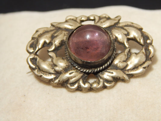 ANTICA SPILLA ART DECO ARGENTATA CON CRISTALLO COLOR AMETISTA