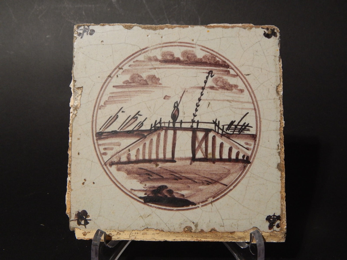 ANTICA PIASTRELLA MATTONELLA CERAMICA DELFT DEL 1700 DECORO AL MANGANESE (485)