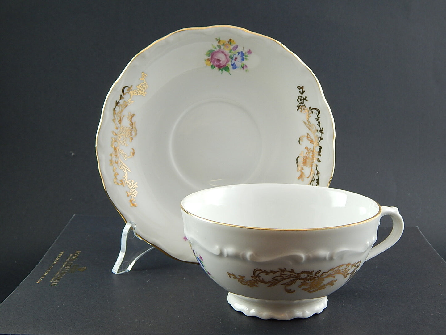 ROCAILLE ANTICA TAZZA CON PIATTO COLAZIONE PORCELLANA BIANCA DECORO ORO BOEMA
