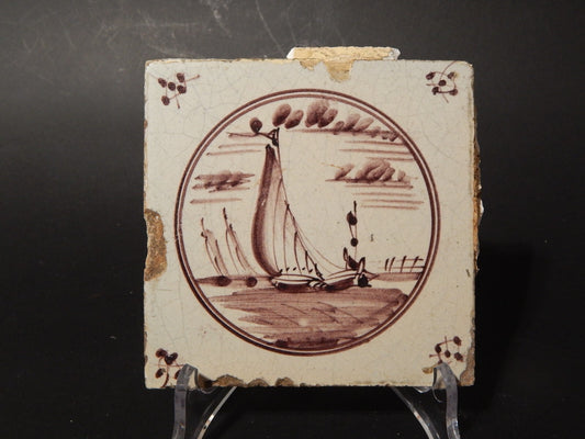 ANTICA PIASTRELLA MATTONELLA CERAMICA DELFT DEL 1700 DECORO AL MANGANESE (476)