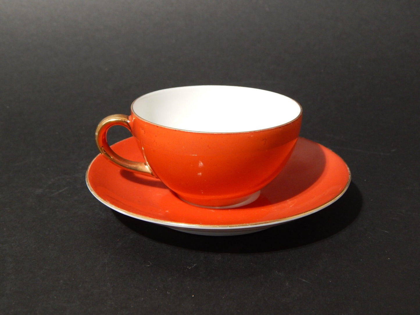 ANTICA RETRO' PREZIOSA TAZZINA PORCELLANA COLORE ARANCIO E ORO