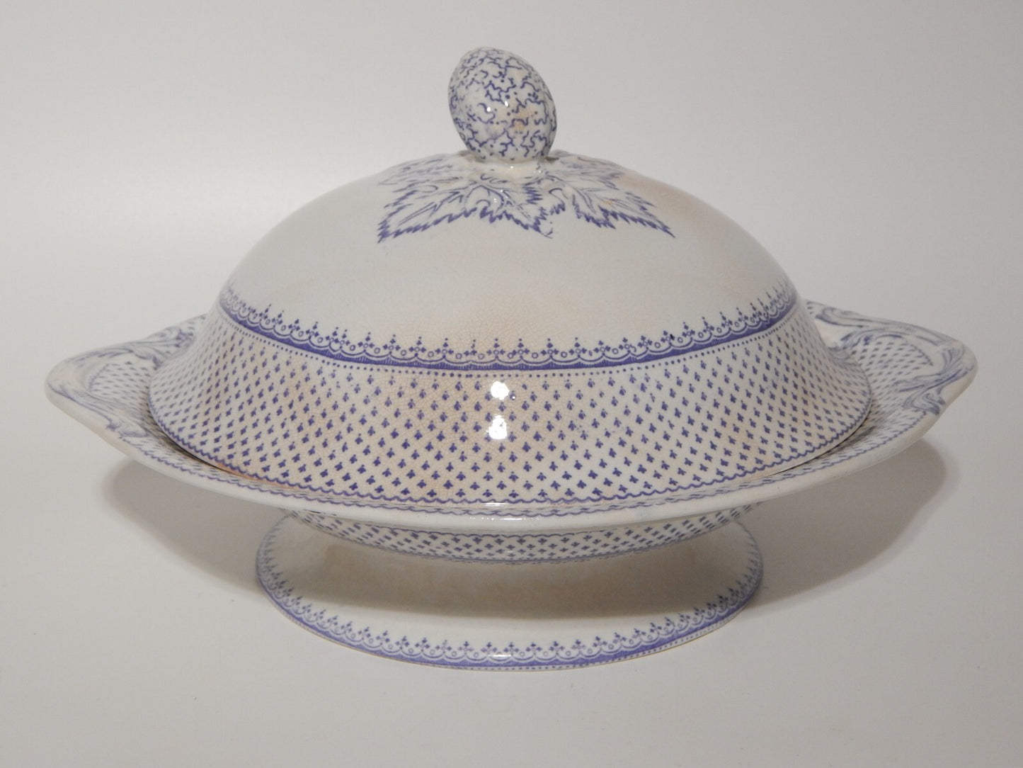 ANTICA LEGUMIERA CENTROTAVOLA CERAMICA INGLESE PRIMAVESI ERMINE BORDER VIOLA #