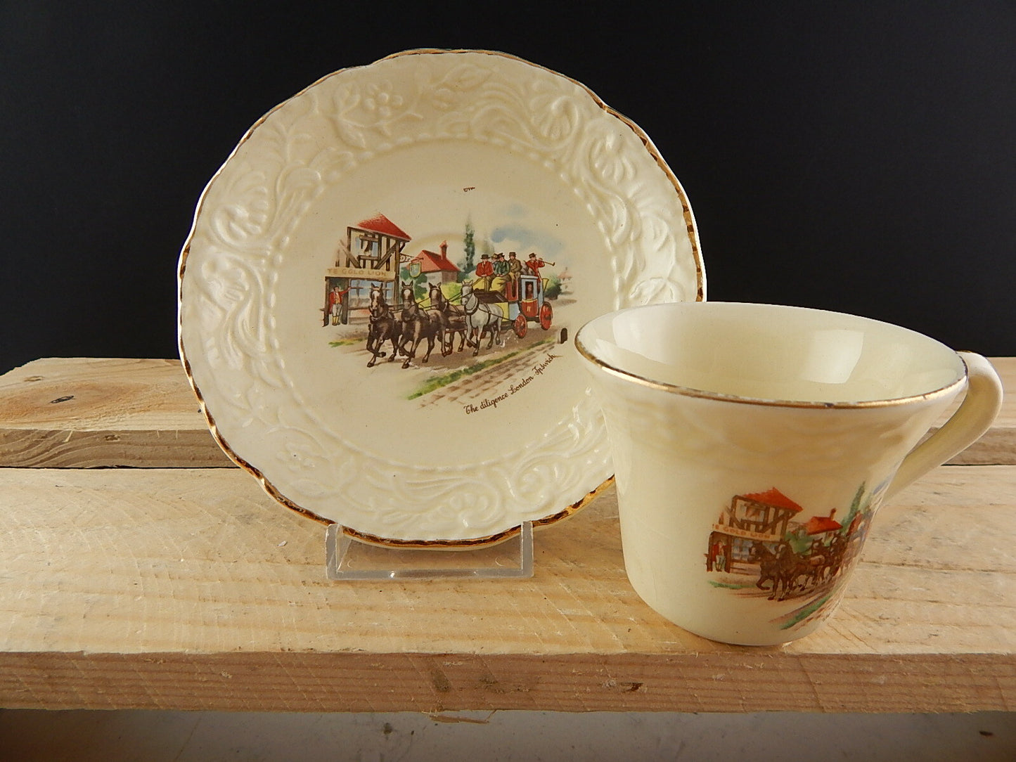 ANTICA TAZZINA CON PIATTINO CERAMICA CCB IMPERIAL CROWN IVORY STONE LA DILIGENZA