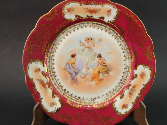 ANTICO PREZIOSO PIATTO DECORATIVO ROMANTICO PORCELLANA VIENNA ROSSO E ORO