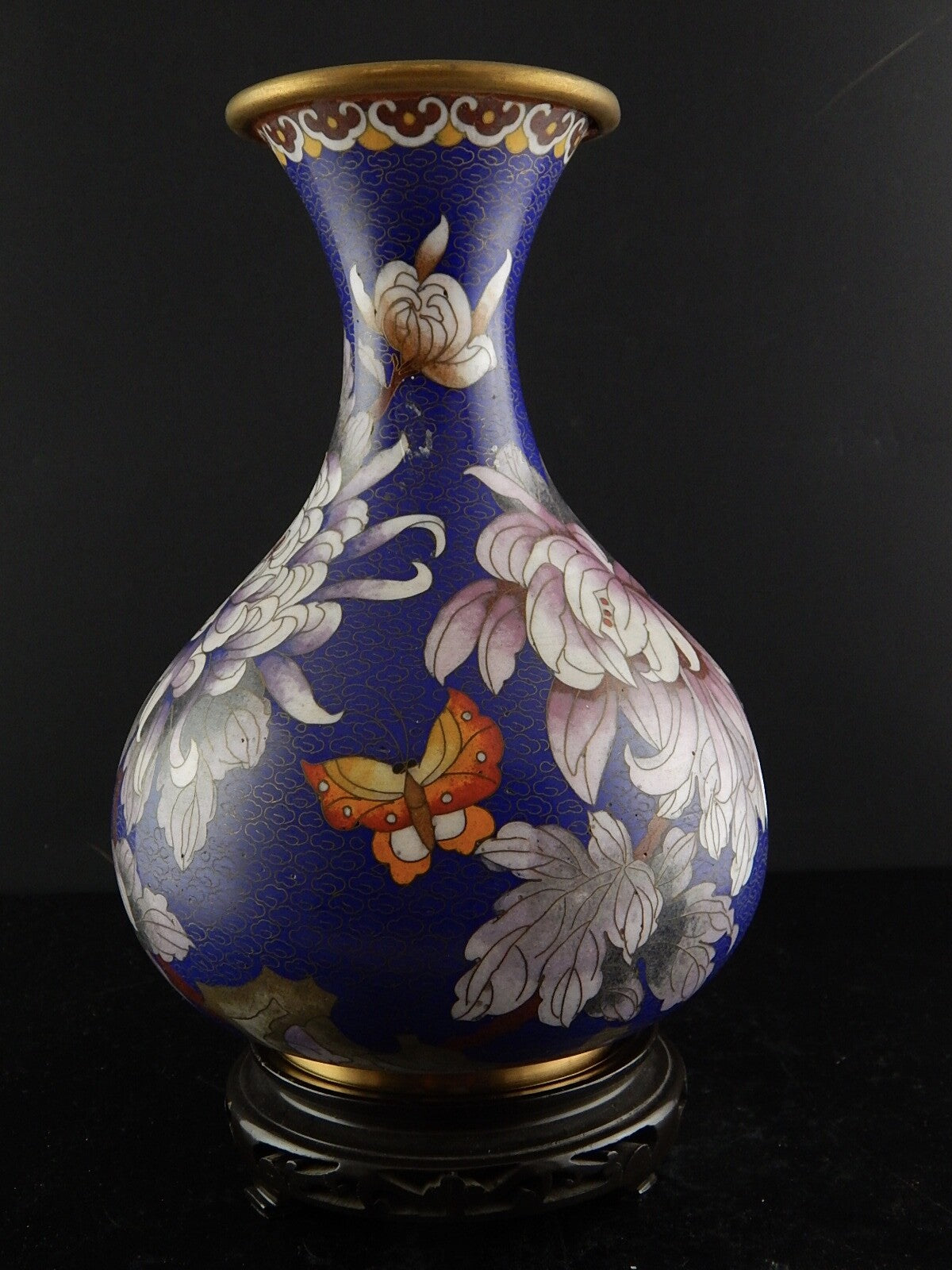 VINTAGE PREZIOSO VASO ORIENTALE CLOISONNE LUSTRO BISANZIO CRISANTEMI FARFALLA