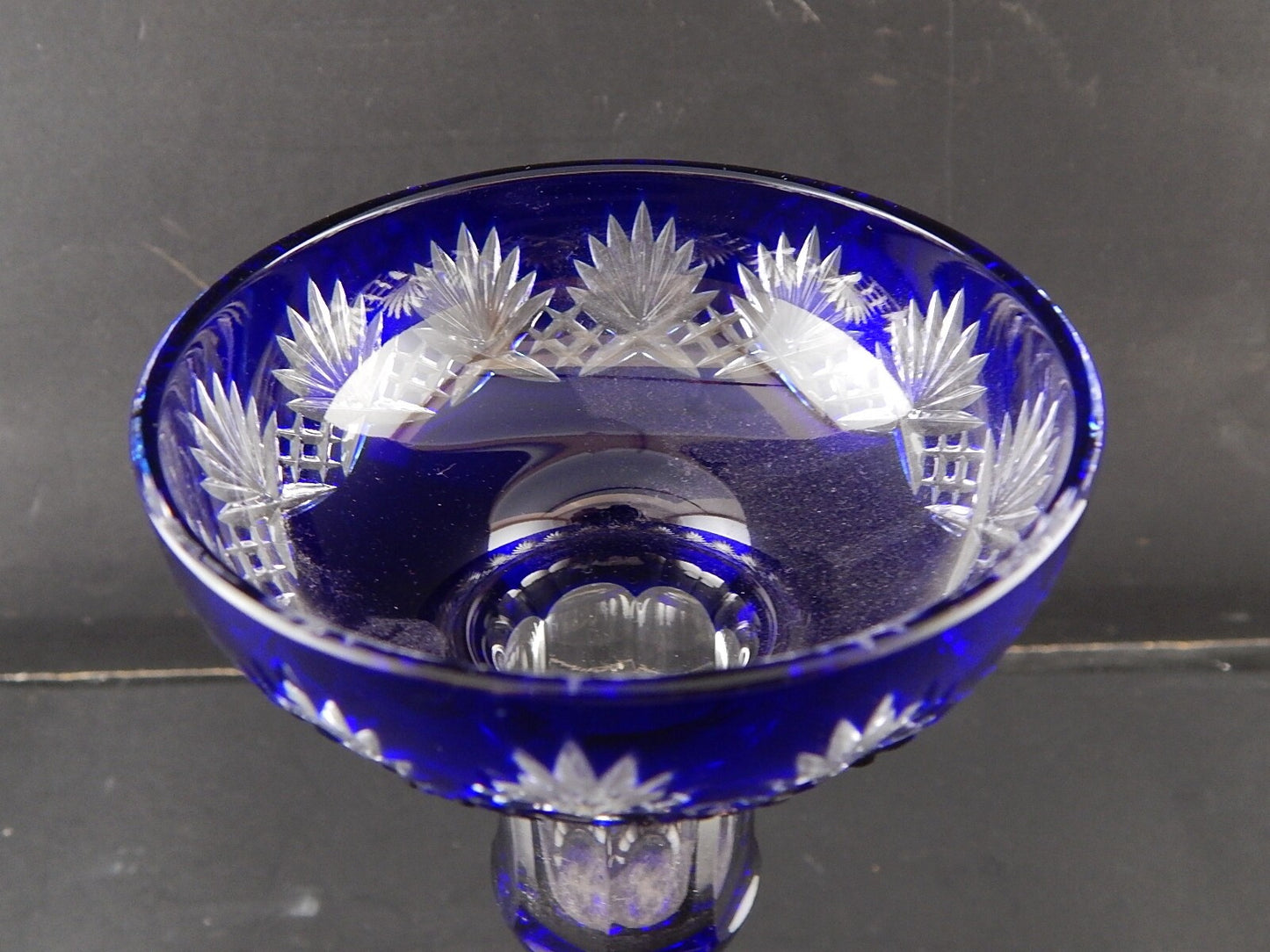 VINTAGE PREZIOSO PORTA CANDELA CRISTALLO ART DECO BOEMIA MOLATO BLU COBALTO