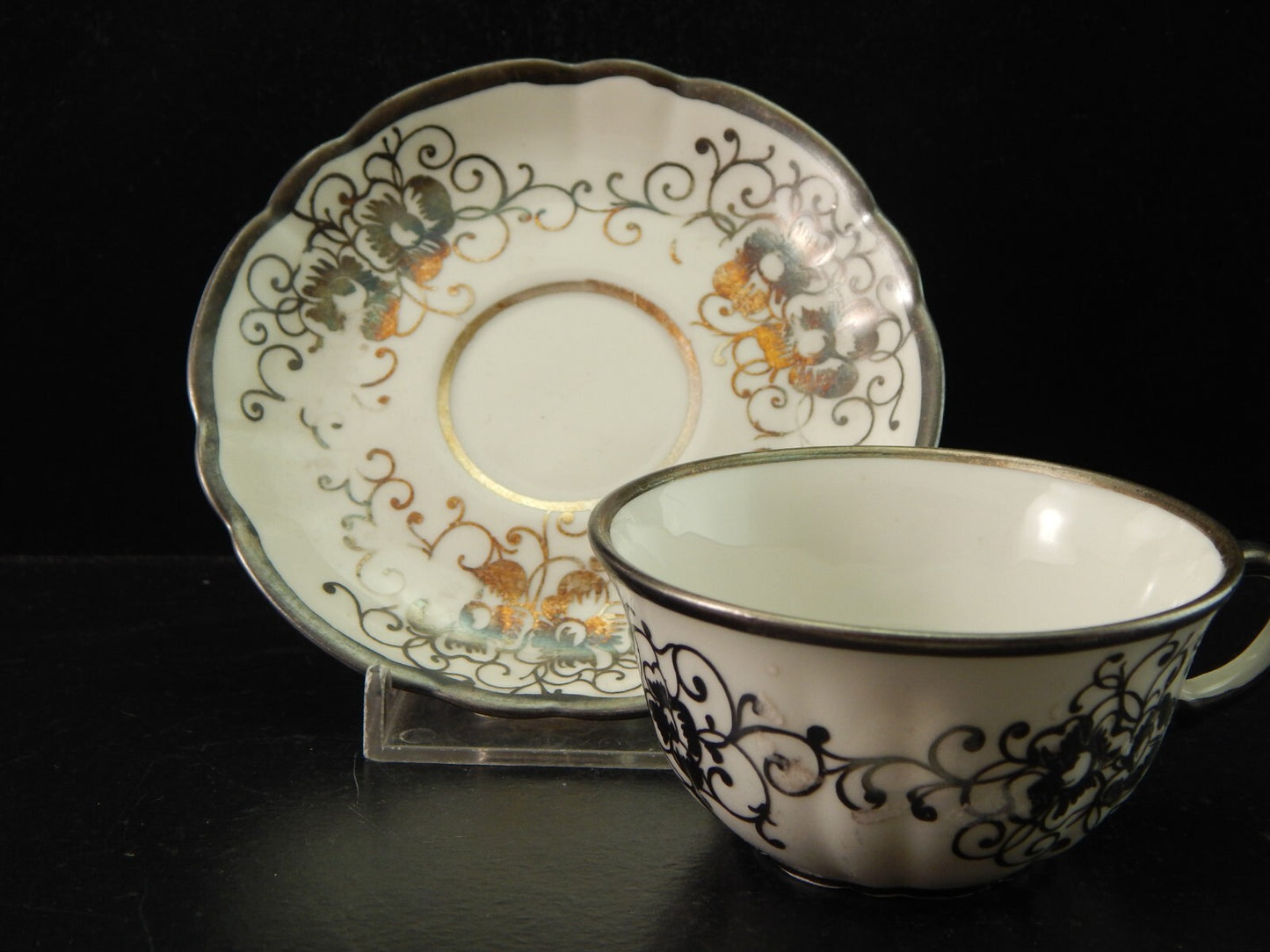 ANTICA TAZZINA CAFFE' PORCELLANA VERBANO LAVENO ART DECO DECORO ARGENTO