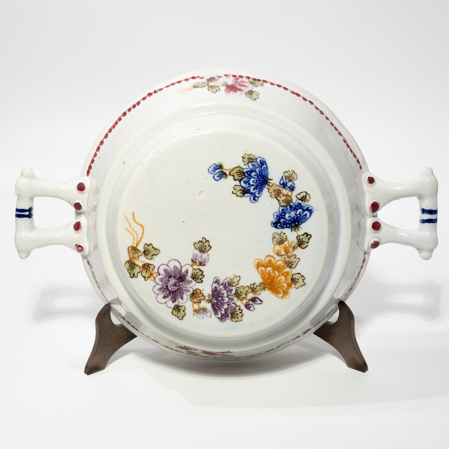 ANTICO RARISSIMO TEGAMINO CERAMICA MAIOLICA SMALTATA DECORO FLOREALE DIPINTO