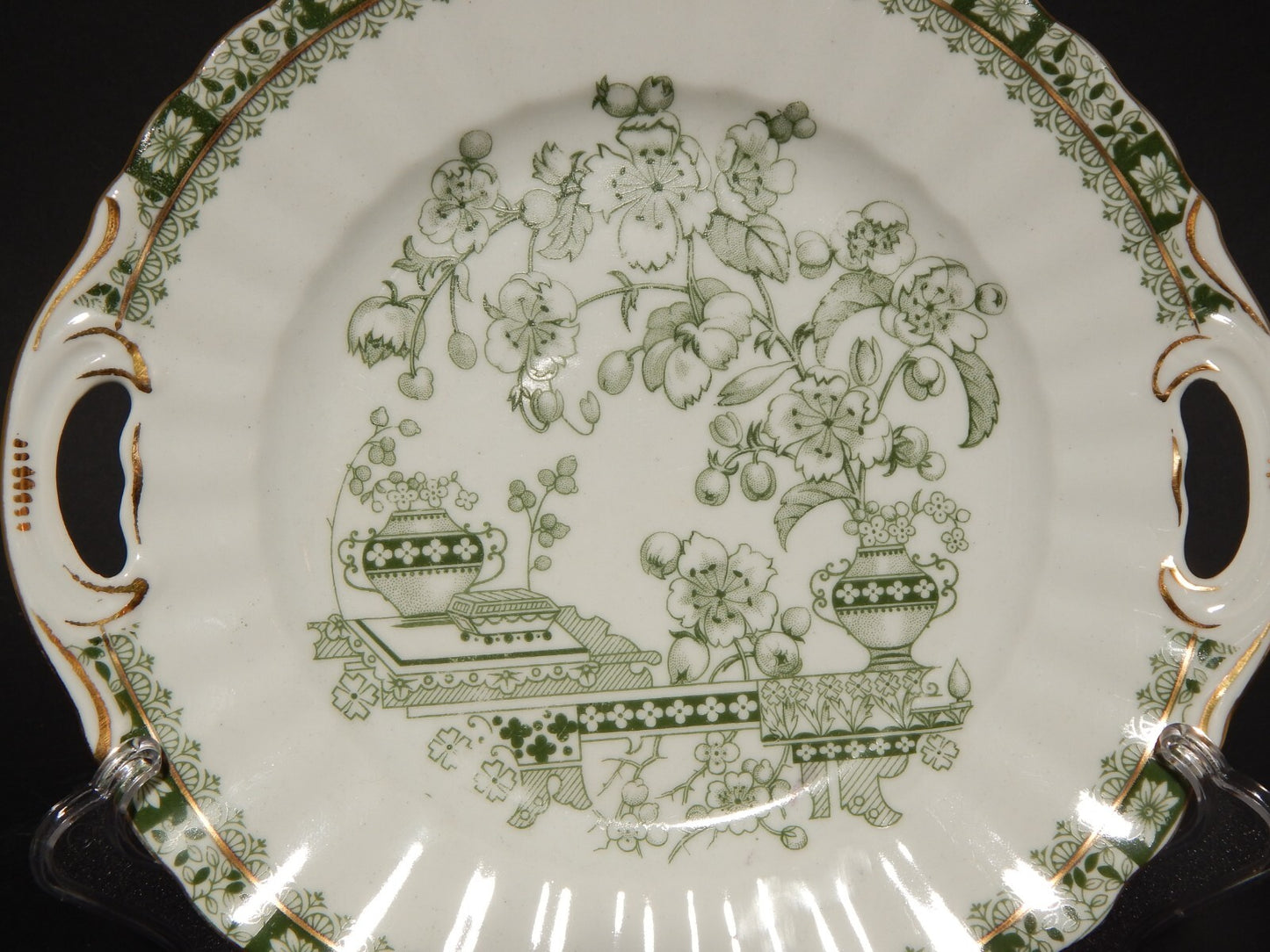 ANTICO VASSOIO CON MANICI PORCELLANA OSCAR SCHALLER DECORO GRUN CHINA VERDE