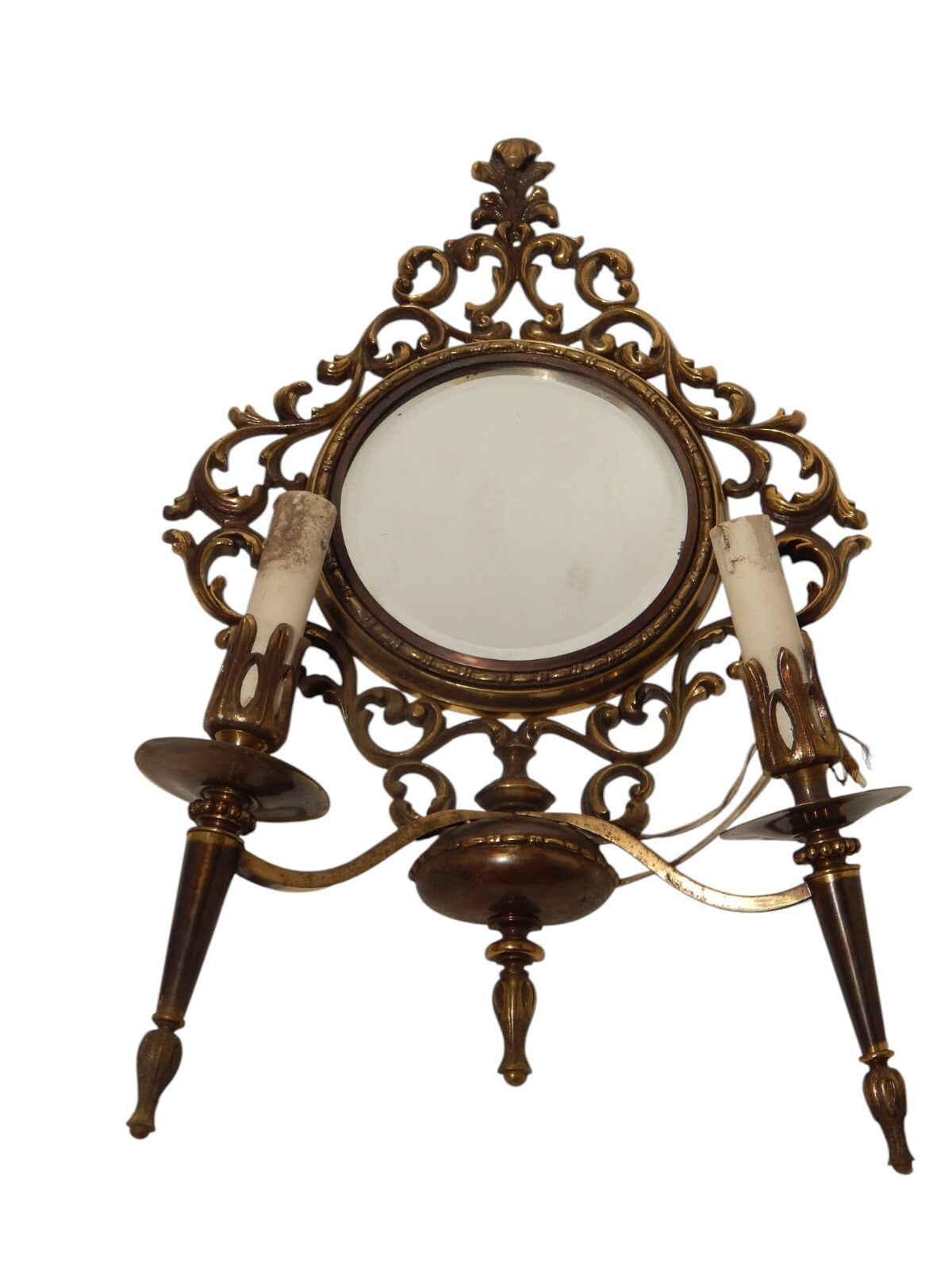 ANTICA APPLIQUE 2 FUOCHI CON CORNICE STILE BAROCCO OTTONE O BRONZO E SPECCHIO