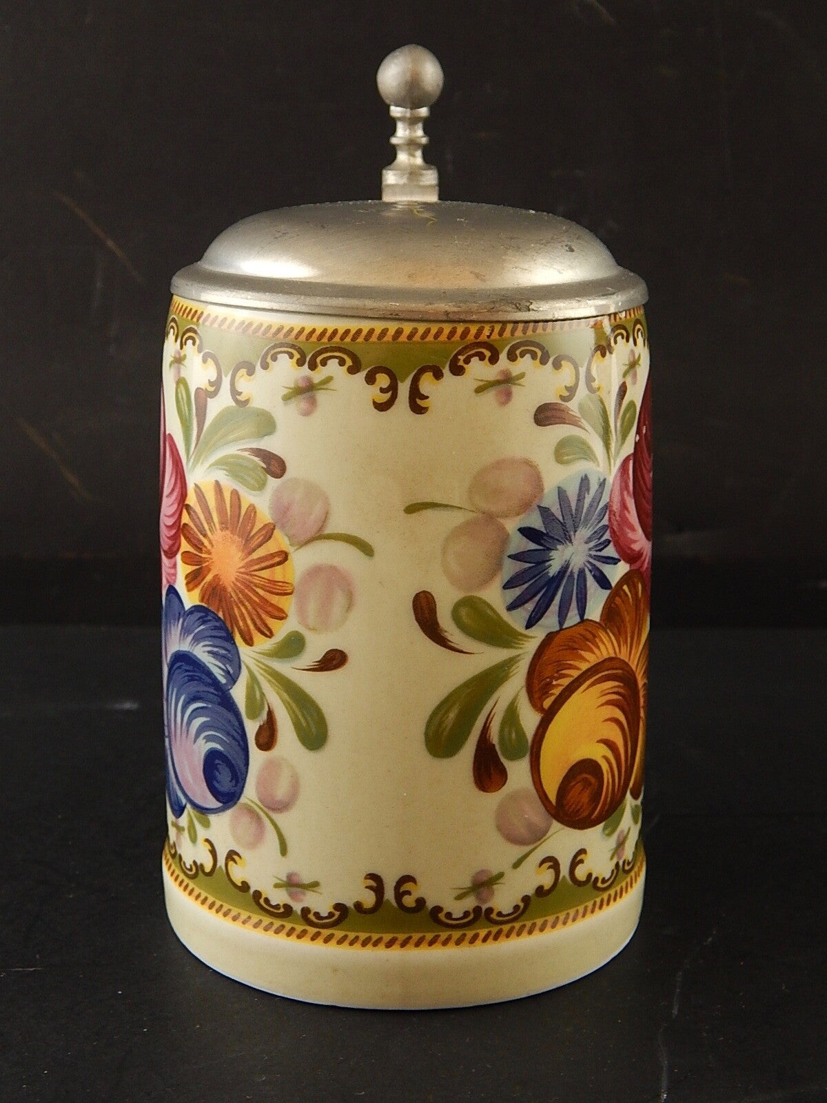 ANTICO COLLEZIONE RARO BOCCALE BIRRA CERAMICA TIRSCHENREUTH BAVARIA DECORO MANO