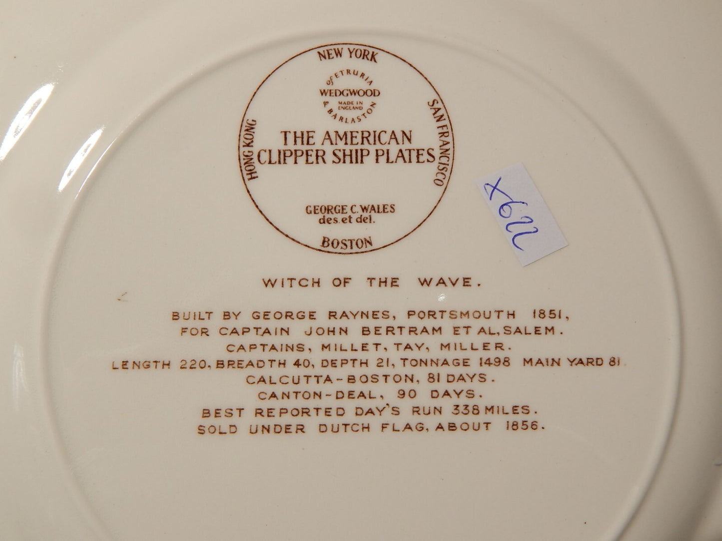 RETRO PIATTO PORCELLANA WEDGWOOD AMERICAN CLIPPER SHIP PLATES WITCH OF THE WAVE