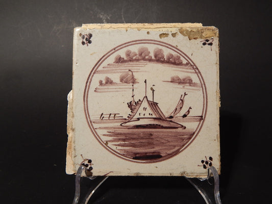 ANTICA PIASTRELLA MATTONELLA CERAMICA DELFT DEL 1700 DECORO AL MANGANESE (472)