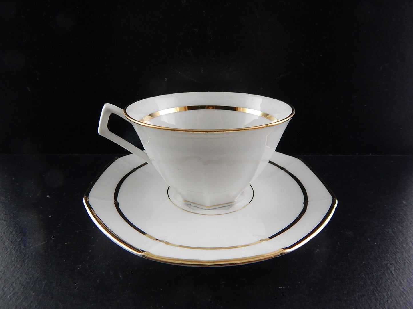 ANTICA TAZZA CAFFÈ CON PIATTINO ART DECO LIMOGES PORCELLANA BIANCA E ORO