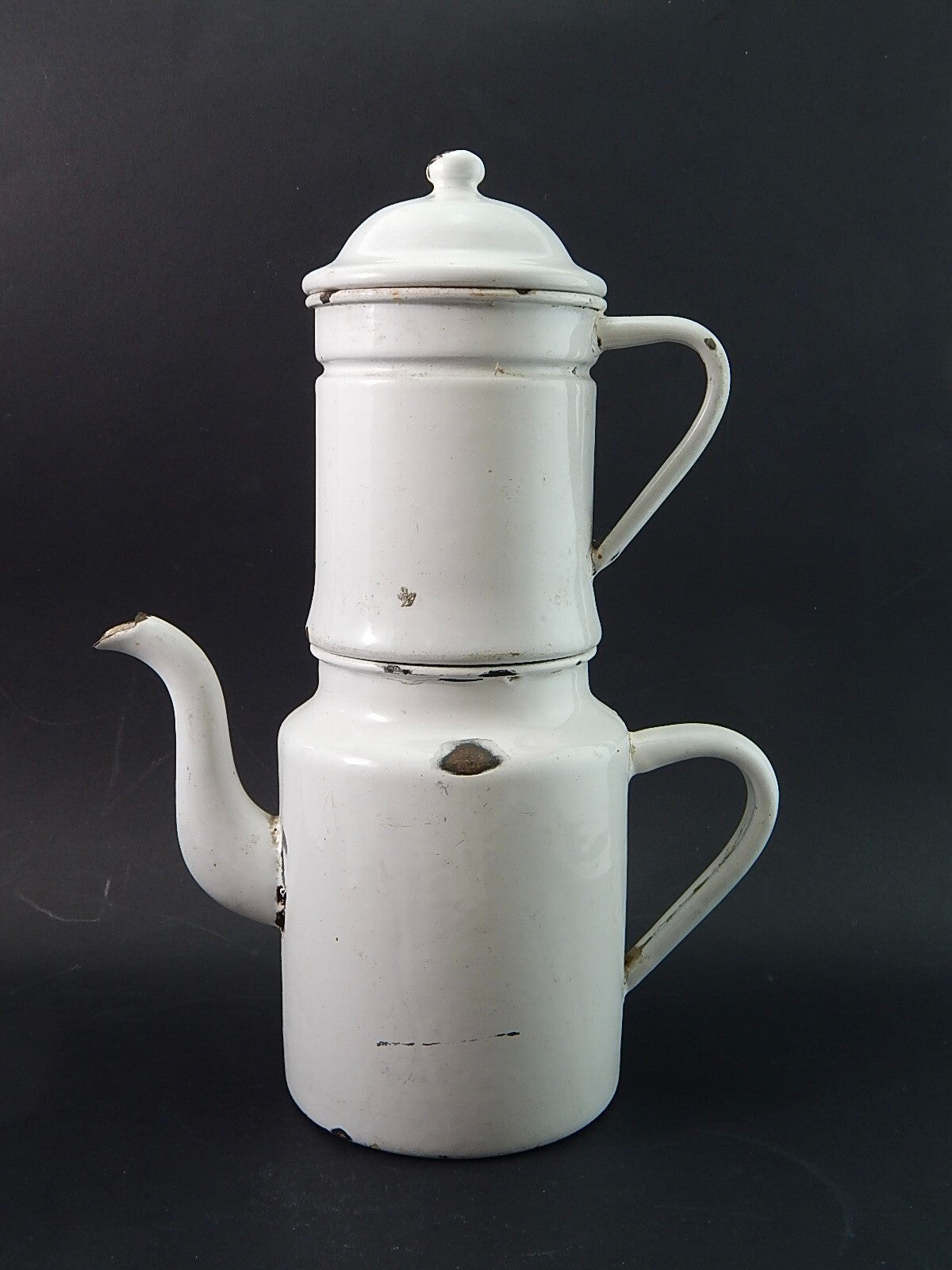 ANTICA CAFFETTIERA LATTA SMALTATA PORCELLANATA BIANCA DUE LEONI BASSANO