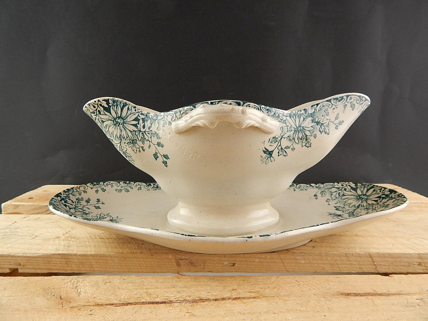 ANTICA 1886 ART NOUVEAU SALSIERA PORCELLANA OPACA GIEN FIORI AUTUNNO