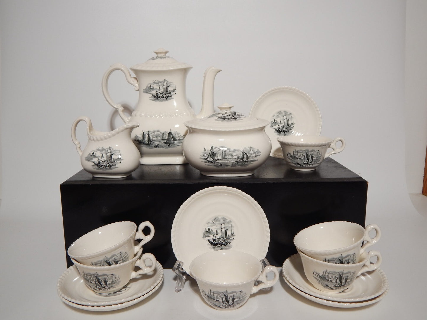 ANTICO SERVIZIO CAFFE' INGLESE SEMI PORCELLANA COPELAND SPODE PAESAGGIO MARINO