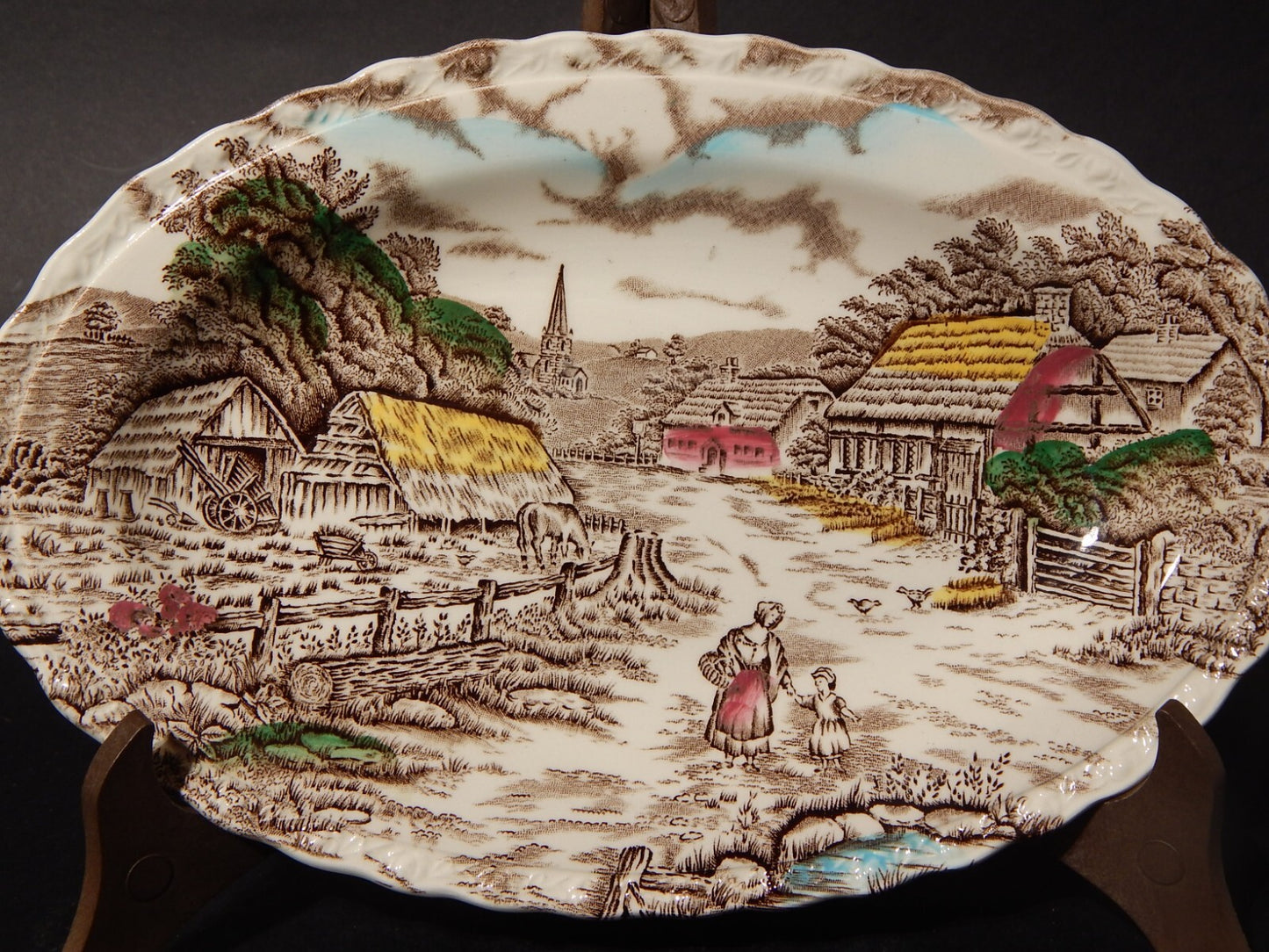 ANTICO VASSOIO RAVIERA CERAMICA INGLESE MYOTT DISEGNO RURAL SCENE STAMPA A MANO