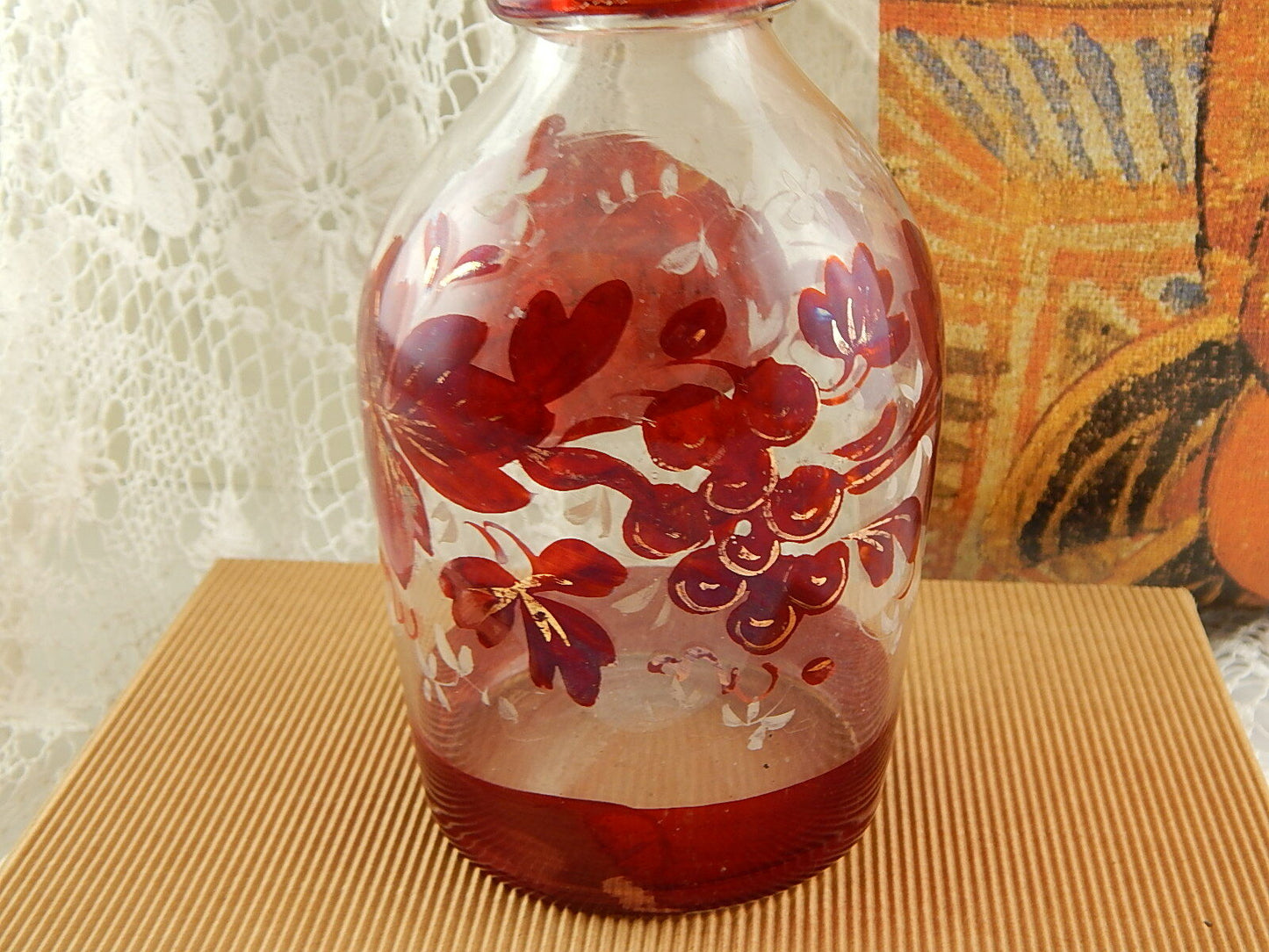 ANTICA RARA BOTTIGLIA VETRO SOFFIATO BOEMIA BIEDERMEIER DIPINTA IN ROSSO RUBINO