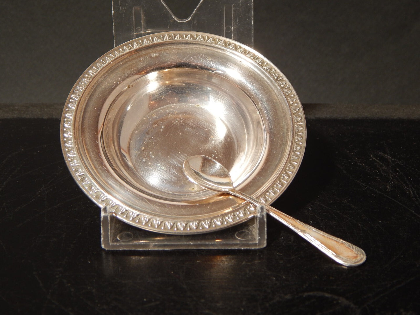 ANTICA STILE IMPERO SALIERA PORTA SALE IN ARGENTO 800 CON CUCCHIAINO