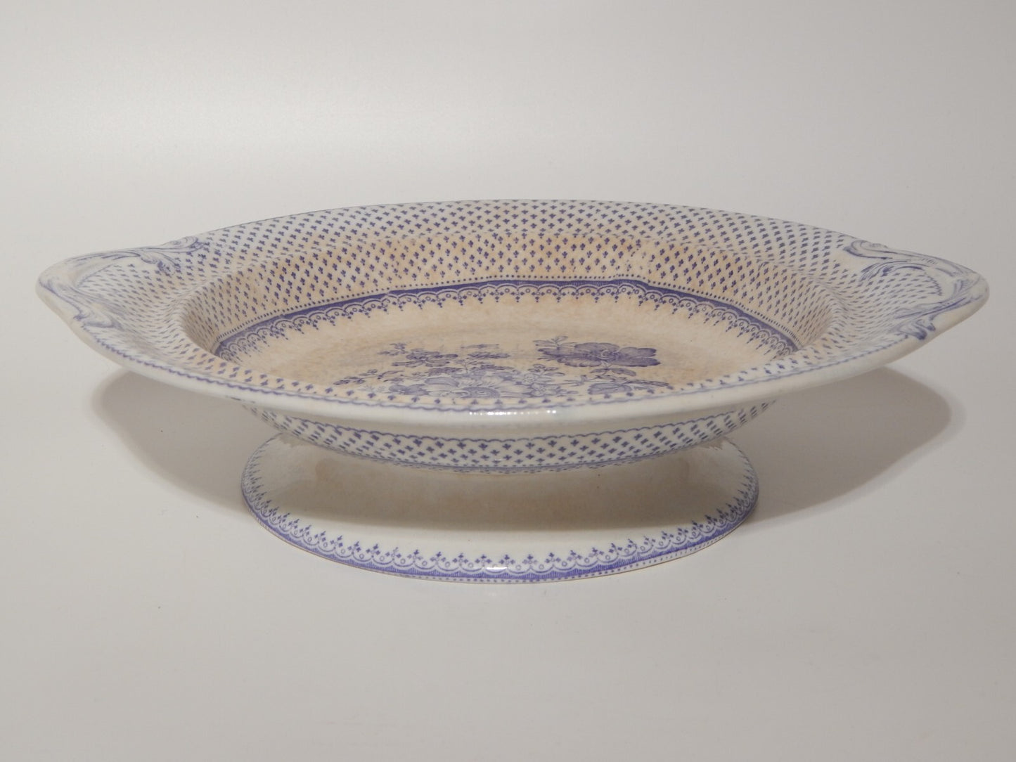 ANTICA LEGUMIERA CENTROTAVOLA CERAMICA INGLESE PRIMAVESI ERMINE BORDER VIOLA #