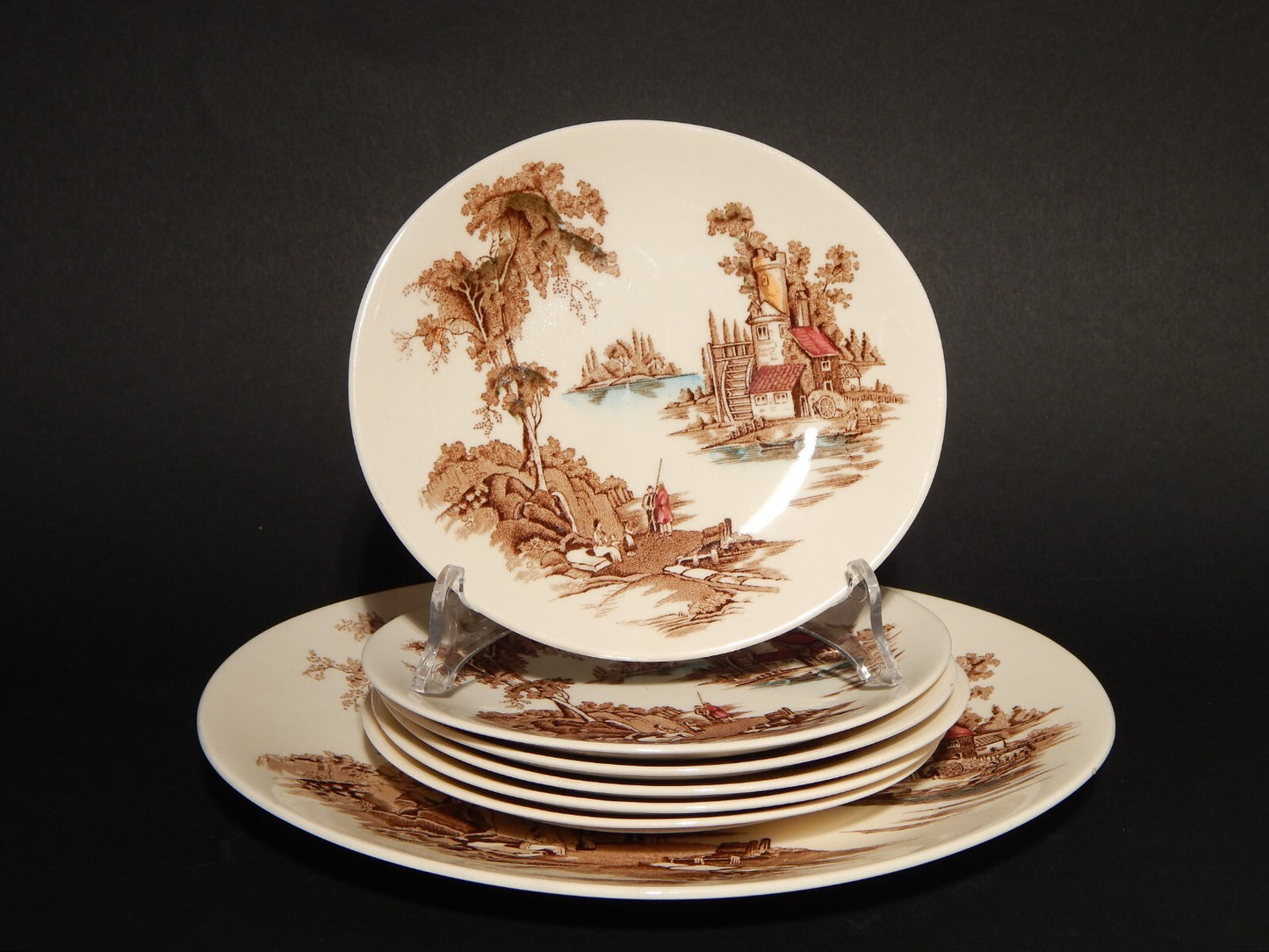 VINTAGE SET DESSERT 7 PIATTI PORCELLANA JOHNSON BROS THE OLD MILL INCISIONE MANO