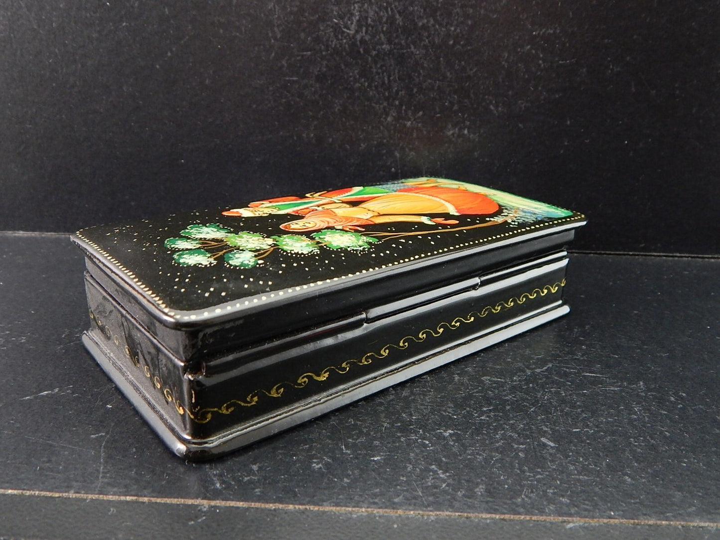 VINTAGE PREZIOSA SCATOLA COFANETTO RUSSO LEGNO LACCATO DIPINTA E FIRMATA #