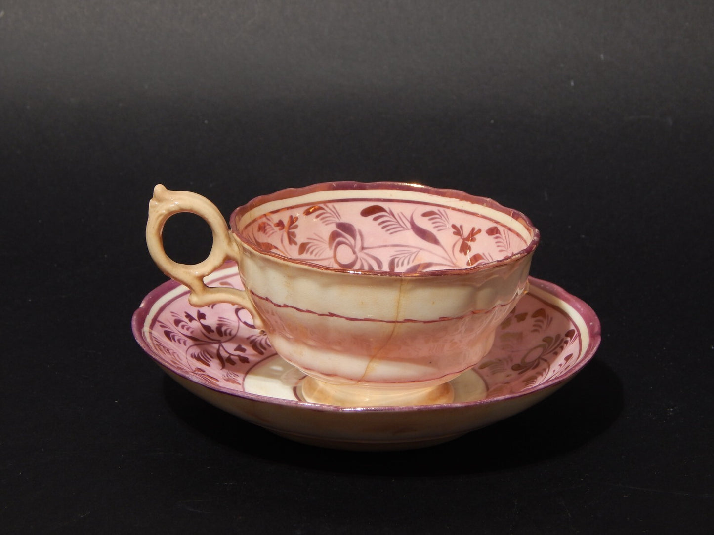 ANTICA GEORGIANA TAZZA TE' PORCELLANA LUSTRO ROSA STAFFORDSHIRE DIFETTI