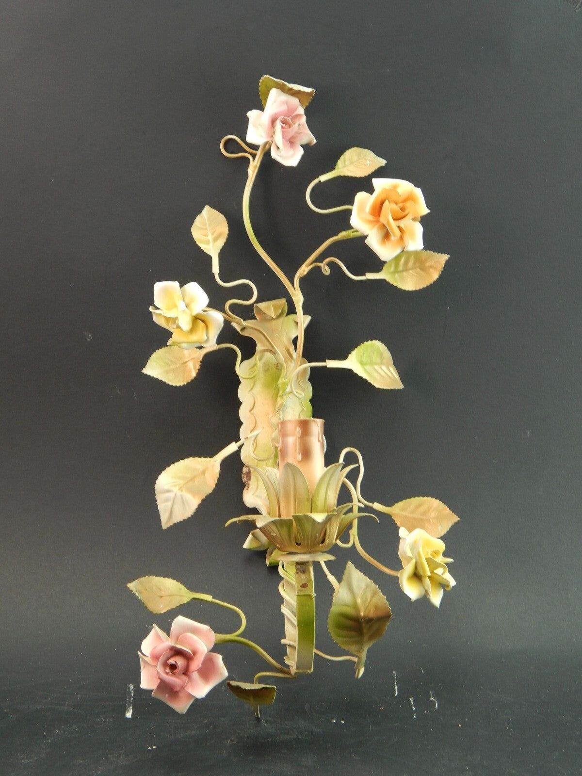 APPLIQUE 1 FUOCO ANTICA LIBERTY FERRO BATTUTO E ROSE CERAMICA POLICROME #1735