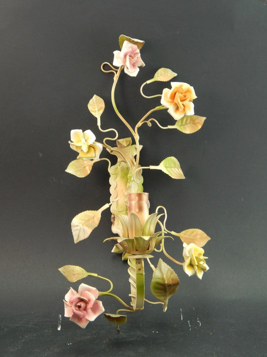 APPLIQUE 1 FUOCO ANTICA LIBERTY FERRO BATTUTO E ROSE CERAMICA POLICROME #1735