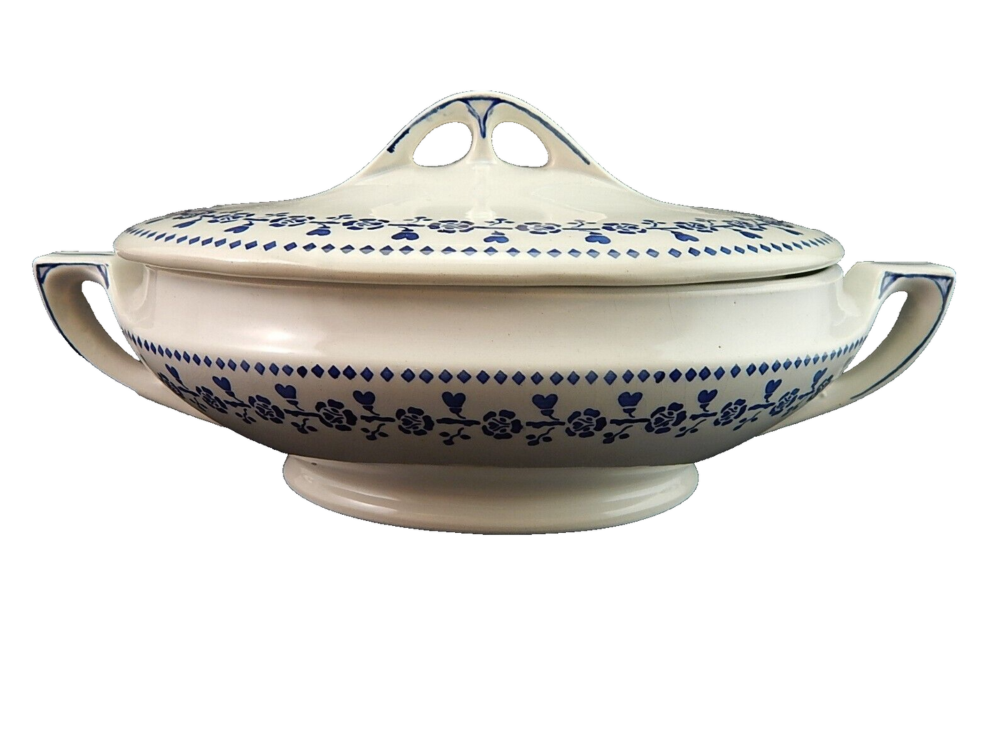 ANTICA ART DECO ZUPPIERA LEGUMIERA SEMI PORCELLANA CECILIE BIANCA E BLU