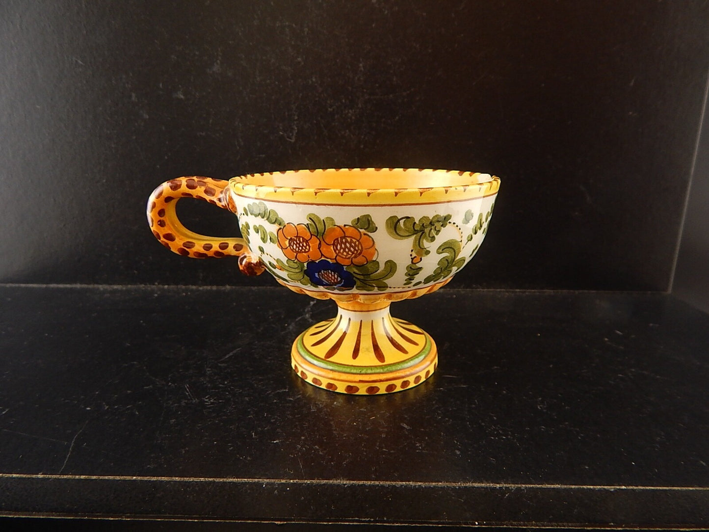 ANTICA TAZZA MAIOLICA CERAMICA POLICROMA FANTECHI ANSA A SERPE PRIMO 900 #8933