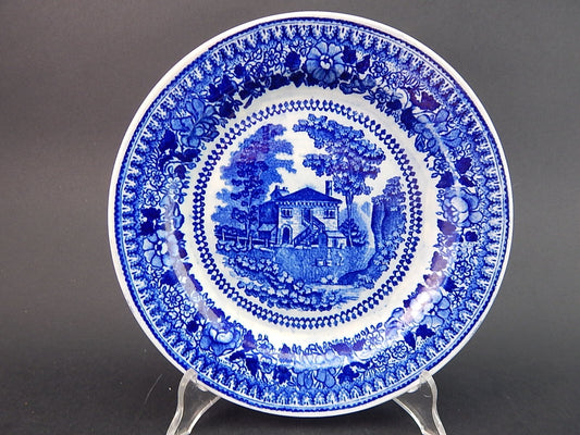 ANTICO PIATTO CERAMICA META' 1800 GUSTAVSBERG STAMPA A MANO BIANCO BLU