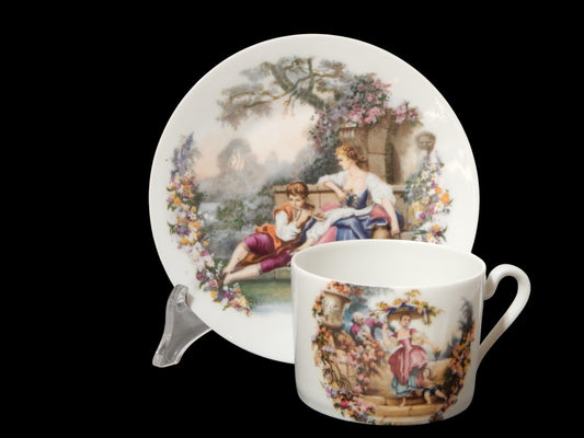 ANTICA PRIMA META' 900 LIMOGES TAZZA TE' PORCELLANA BIANCA SCENA GALANTE #1835